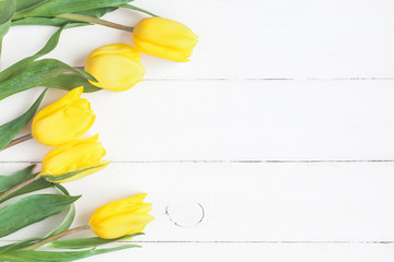 Flowers composition. Frame made of fresh tulip flowers. Flat lay, top view