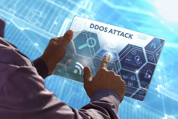  Business, Technology, Internet and network concept . Young business man working on the tablet of the future , select the virtual screen: Ddos attack