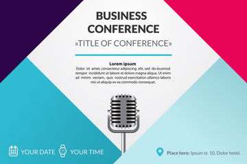 Business conference invitation concept. Colorful simple geometric background. Retro microphone. Template for banner, poster, flyer, magazine page. Vector eps 10.