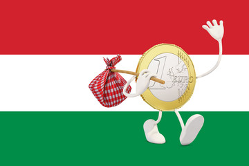 Euro coin leaving Hungary, 3d rendering