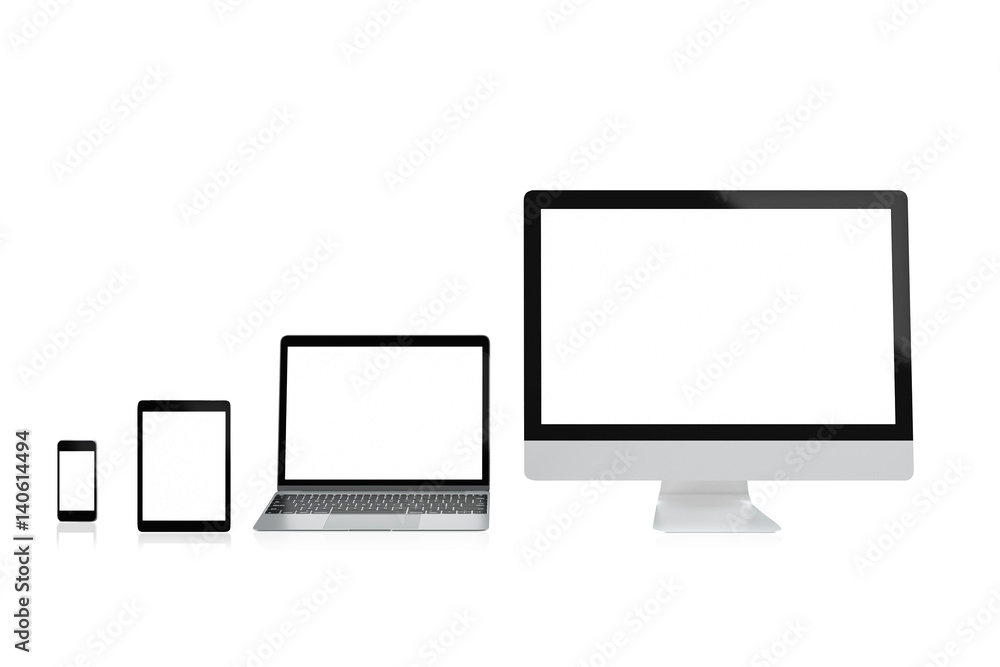 Poster Modern computer laptop mobile phone and tablet isolate with clipping mask on white background for mockup design,3D rendering