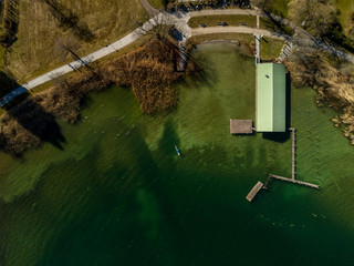 Aerial view of a boat house and jetty, Tegernsee