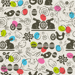 Seamless  pattern with color easter eggs, rabbit,  flowers and chicks.Ideal for printing onto fabric and paper or scrap booking, vector illustration