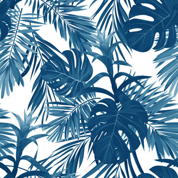 Hand drawn seamless floral pattern with guzmania flowers, monstera and royal palm leaves. Exotic hawaiian vector background.
