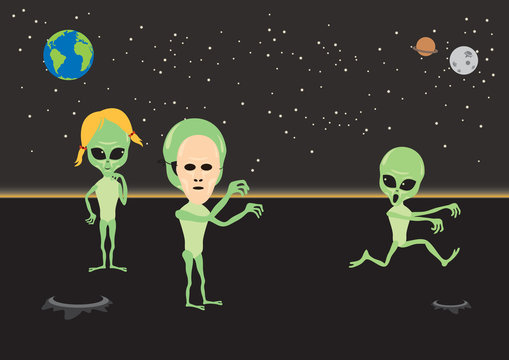 Alien fun vector illustration. Alien cartoon character. Aliens under the night sky