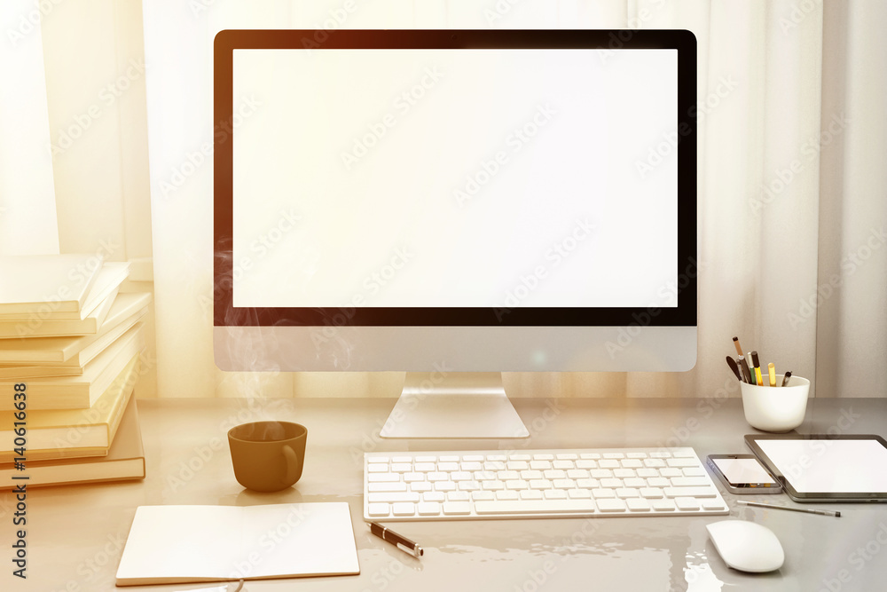 Poster Front view of workpark with blank white computer screen, coffee cup, and book in home work. Mock up , 3D render