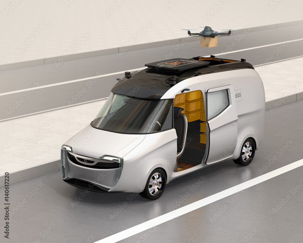 Poster drone taking off from van for delivering cardboard parcel. 3d rendering image.