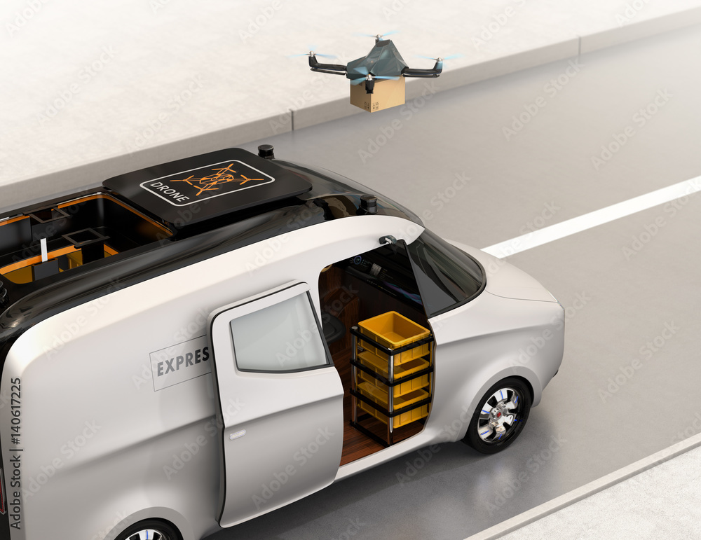 Poster drone taking off from van for delivering cardboard parcel. 3d rendering image.