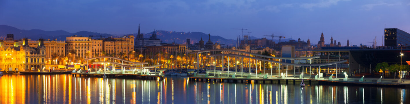 Panorama of Port Vell at Barcelona in dawn