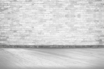 Abstract white interior of empty room with concrete wall and floor and picture frame of old vintage White brick wall