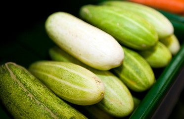 Close-up of fresh cucumbers in supermarket