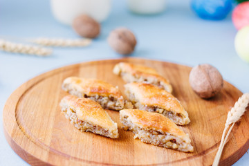 Turkish baklava made from nuts over easter table.