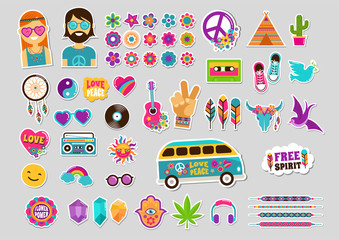 Hippie, bohemian design with icons set, stickers, pins, art fashion chic patches and badges