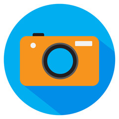 Photo camera. Vector icon. Orange color camera on blue circle with shadow. Flat style.