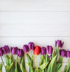 many purple tulips on wooden table