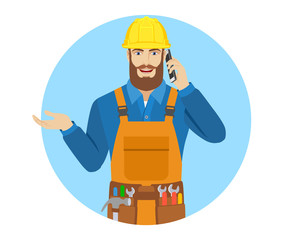 Worker gesturing and talking on the mobile phone