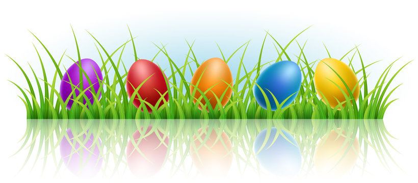 Horizontal Easter banner with realistic colorful eggs in grass. For header or footer background.