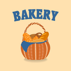 Vector wicker basket with bakery products