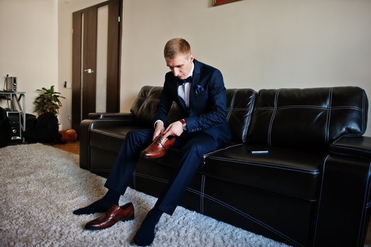 Man wear shoes, morning of groom at wedding day.