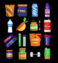 Sport supplements and fitness nutrition vector flat icons