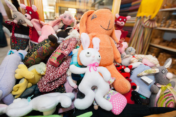 Heap of stuffed toys in gift store