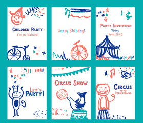 Kid birthday invitation card design set with circus elements vector illustration