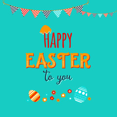 Fototapeta na wymiar Colorful Happy Easter greeting card with flowers and eggs. Decorated cute invitation.