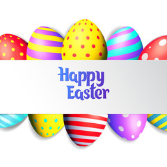 Happy Easter eggs and text on colored background with frame vector illustration