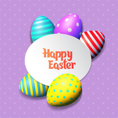Happy Easter eggs and text on colored background with frame vector illustration