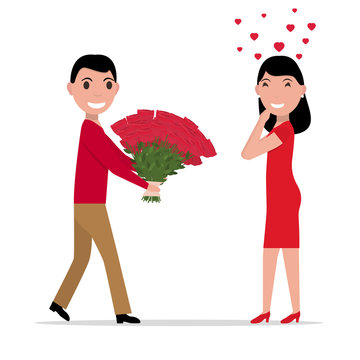 Vector cartoon man gives flowers to a woman