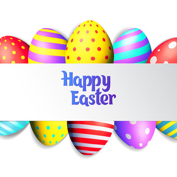 Happy Easter eggs and text on colored background with frame vector illustration