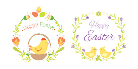 Happy easter hand drawn badge with hand lettering greeting decoration element and natural wreath handmade style vintage symbol spring flower vector illustration.