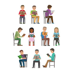 People Seating and Reading Textbook Flat Vector 