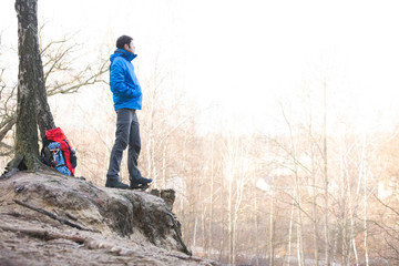 Side view of hiker standing on edge of cliff in forest