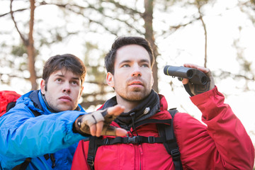 Hiker showing something to friend holding binoculars in forest