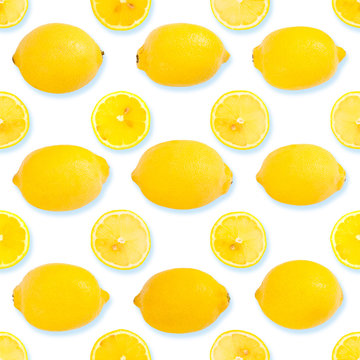 Seamless background or pattern with Fresh yellow lemons and slices 