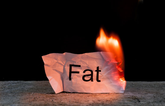 Word Fat on crumpled piece of paper burn. Concept of Burn your Fat and health care life style