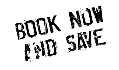 Book Now and Save rubber stamp. Grunge design with dust scratches. Effects can be easily removed for a clean, crisp look. Color is easily changed.