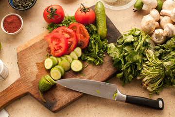 Cooking fresh vegetarian lunch from tomatoes, cucumber, greenery and onion. Sliced vegetables prepared for making meal.