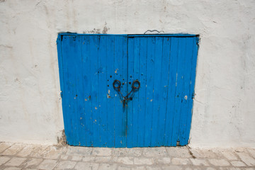 Typical blue local door, Tunis, Tunisia