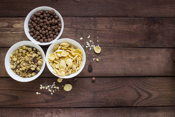 Bowls of various cereals  from top view