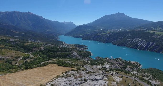 Aerial scenic lake serre ponçon view freedom alps mountain 
