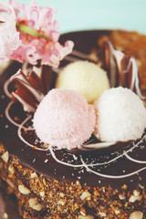 Holiday meal concept. Sweet chocolate cake with peanuts and shredded coconut flakes.