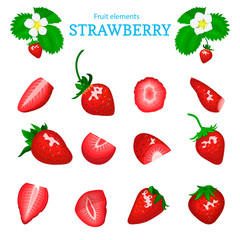 Vector set of a fresh red strawberry. Berry cut, piece of half slice leaves, flower. Collection of ripe strawberry fruits for packaging design of juice, breakfast, jam label, ice cream, smoothies
