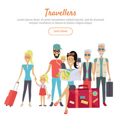 Travelers of Different Age with Suitcases Banner
