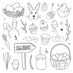 Set of vector doodles with chicken, rabbit, ornamental eggs, nest, flowers. Easter illustrations 