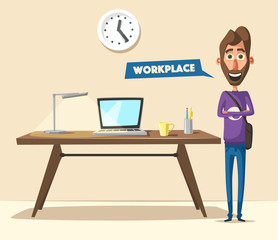 Modern workplace. Creative character. Office work. Cartoon vector illustration