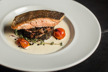 Grilled salmon with rosemary. Fish dish. Close up. Restaurant