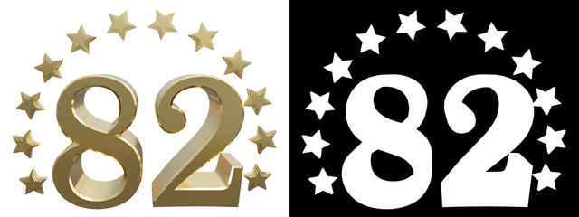 Gold number eighty two, decorated with a circle of stars. 3D illustration