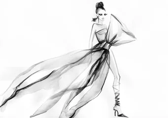 Papier Peint photo Visage aquarelle Femme avec une robe élégante. Illustration de mode. Peinture à l& 39 aquarelle